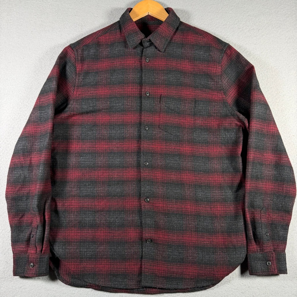 AllSaints Mens Red Charcoal Plaid Wool Blend Flannel Relaxed Fit Shirt Medium